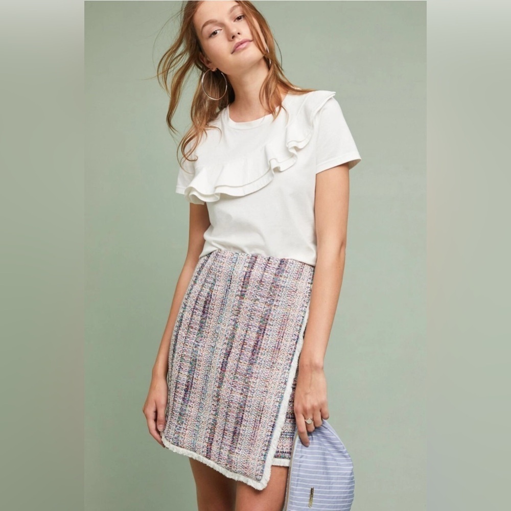 Anthropologie Hutch Pink Multicolor White Tweed Fringed Skirt, Size 2 - Picture 2 of 12